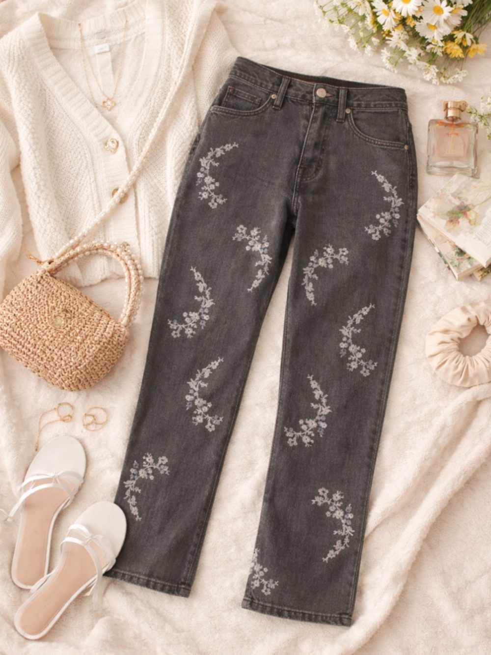 Lucky Brand Dark Gray Straight-Leg Jeans with White Floral Embroidery